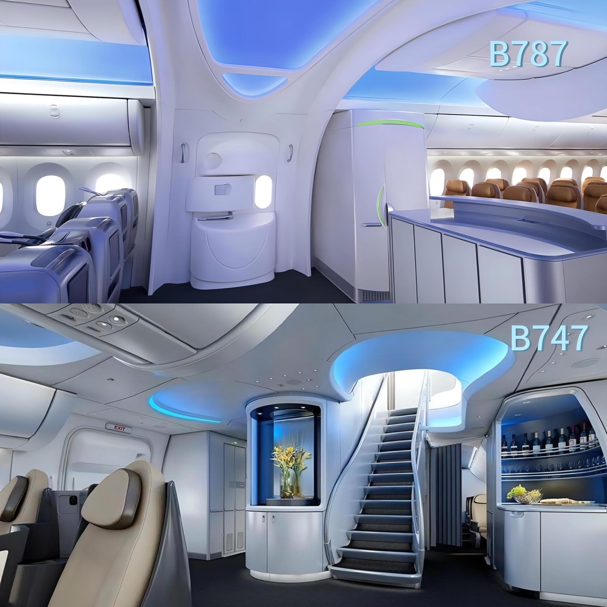 Modern Boeing 787 and 747 Aircraft Interiors
